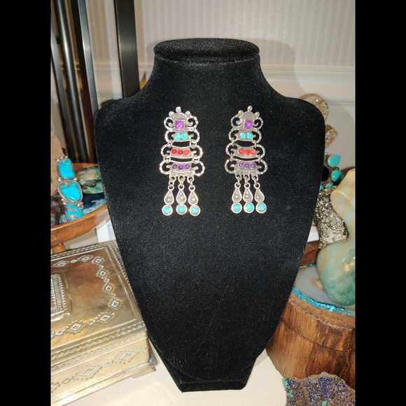 🏜️Navajo 925 Sterling Silver Turquoise Red Jasper Amethyst Chandelier Earrings - Picture 4 of 13